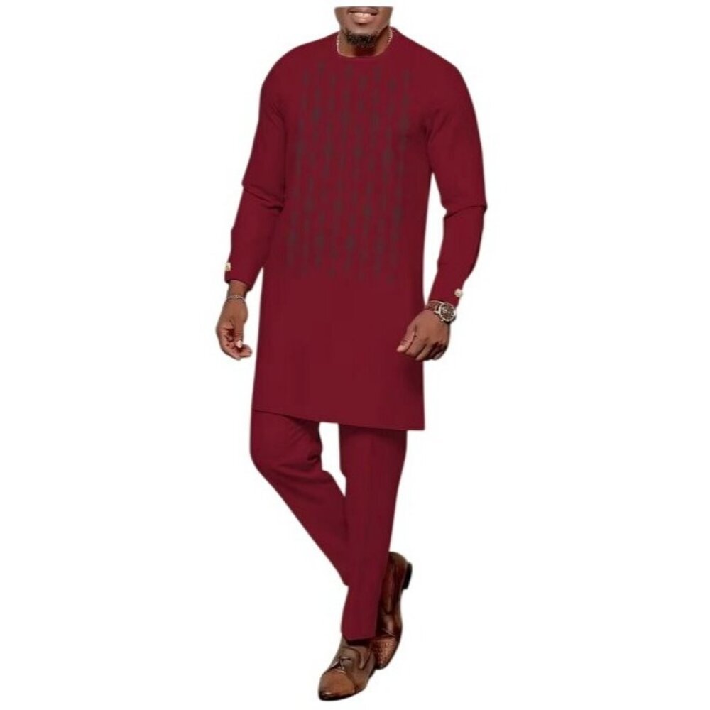 African Formal Dashiki Vibrant Red Shirt & Pant Suit Traditional Dress Outfit